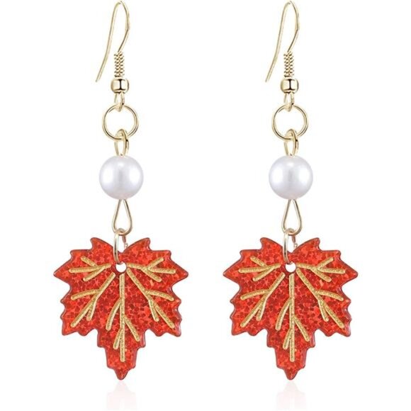Long Maple Leaf Pearl Earrings | Elegant Fall Dangle Jewelry - Picture 1 of 6